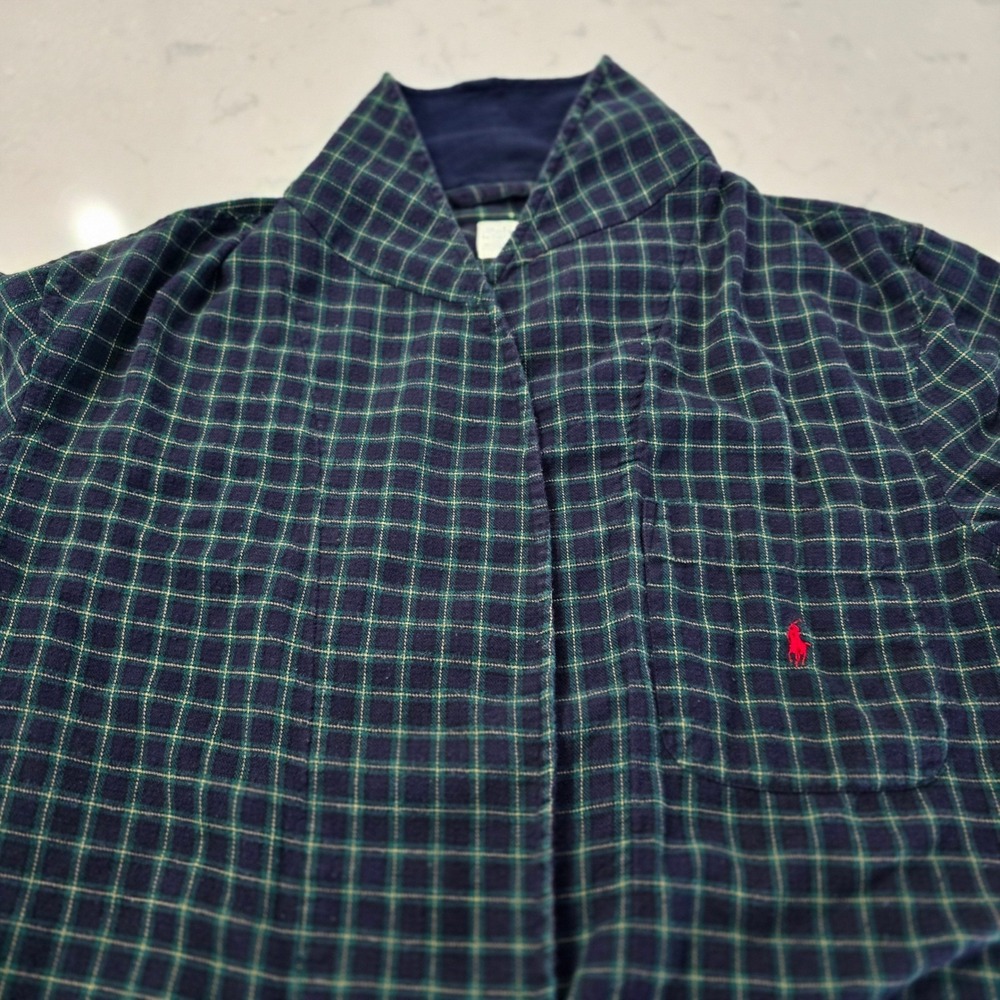Polo Ralph Lauren Plaid Robe Navy Blue Green Cotton Shawl Collar S/M Vintage
